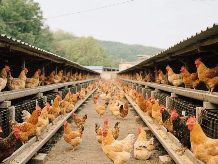 Poultry farm ventilation and bedding filtration scene